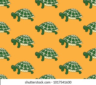 Green Turtle Seamless on Yellow Background. Vector Illustration.