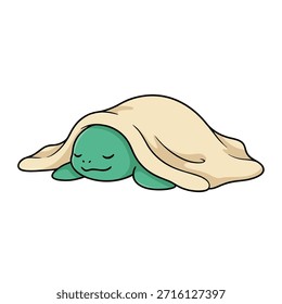 Una tortuga verde está durmiendo tranquilamente bajo una manta beige, con los ojos cerrados y una sonrisa suave.