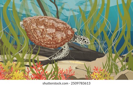 Green turtle swim in shallow water near the sea bottom with algae and corals. Realistic vector landscape