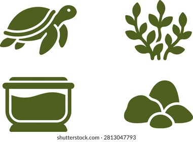 A green turtle swimming in an aquarium surrounded by aquatic plants and rocks