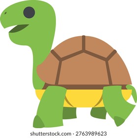 Green turtle vector illustration. Side view of smiling tortoise with brown shell and yellow belly. Isolated on white background.