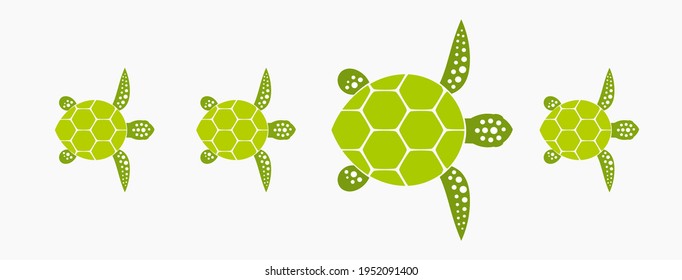 Green turtles family. Swimming turtles isolated. Vector illustraiton.