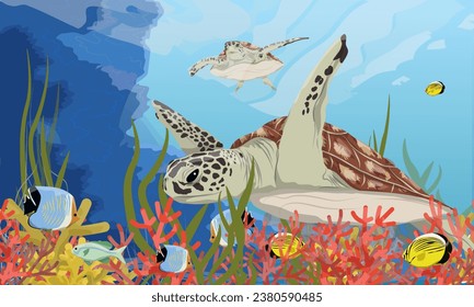 Green turtles swim near the coral reef. Realistic vector landscape