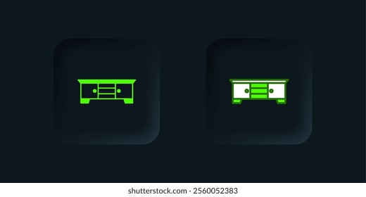 Green TV table stand icon isolated on black background. Black square button. Vector