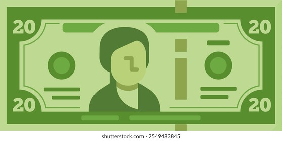 Green twenty dollar bill with the portrait of a fictional female politician, symbolizing economic policies, government regulation, and financial markets