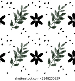 green twig, black dots and flowers. endless vector pattern on white background