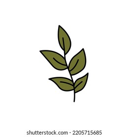 Green twig with leaves doodle. Element of autumn aesthetics. Black outline on a white background. Hand drawn line art, cute vector illustration.