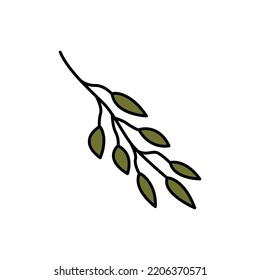 Green twig with leaves doodle. Element of autumn aesthetics. Black outline on a white background. Hand drawn line art, cute vector illustration.