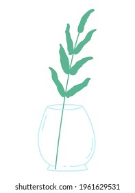 Green twig in a round glass vase on a white background. Vector design elements.