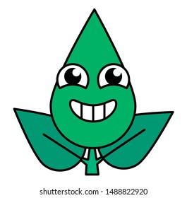 Green twig smiling emoticon thin line icon. Cute happy face botanical emoji, kawaii cheerful leaf