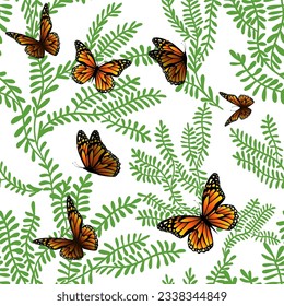 Green twigs with butterflies seamless pattern. Vector illustration