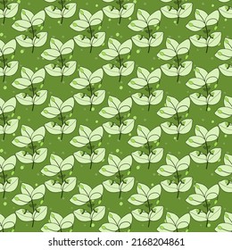 Green twigs, leaves, dots, spots, modern pattern. Seamless fun vector illustration. Plant Chickweed, Woodlice