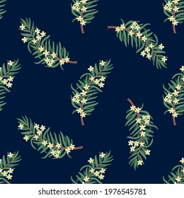 Green twigs on a dark background. Pattern for textile, fabric, packaging paper, background, wallpaper.