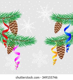 Green twigs of spruce with pine cones and serpentine, vector illustration 