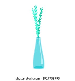 

Green twigs in a tall glass vase, glass jug, delicate decorative small flowers, spring grass, vector illustration in cartoon style, flat.
