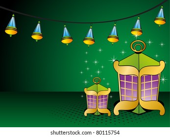 green twinkle star background with ramadan lamp