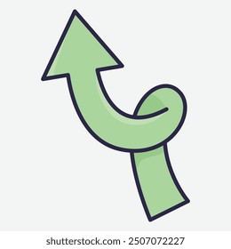 A green, twisted arrow pointing upwards, symbolizing direction or movement.
