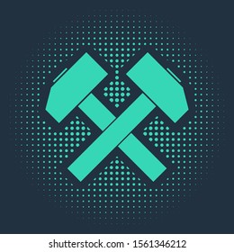 Green Two crossed hammers icon isolated on blue background. Tool for repair. Abstract circle random dots. Vector Illustration