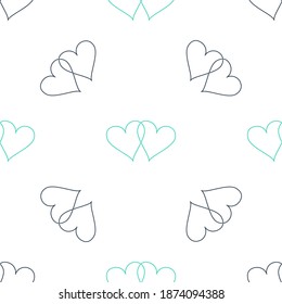 Icono de Green Two Linked Hearts aislado patrón transparente en fondo blanco. Corazón dos amor. Símbolo romántico vinculado, unido, pasión y boda. Símbolo de San Valentín. Vector.