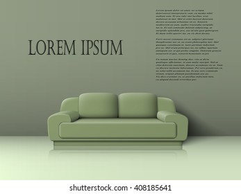 Green two seater sofa with cushions in living room