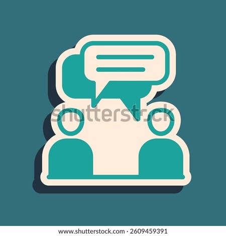 Green Two sitting men talking icon isolated on green background. Speech bubble chat. Message icon. Communication or comment chat symbol. Long shadow style. Vector