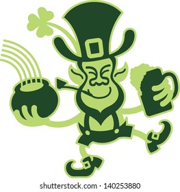 Green Two Tored Leprechaun con una cerveza y una olla de oro mientras celebra el Día de San Patricio