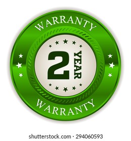 Green two year warranty badge on white background