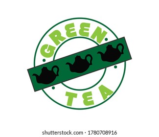 Té verde con tres siluetas de tetera. Grabado de caligrafía manual. Ilustración vectorial.