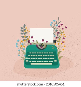 Green typewriter with a sheet of paper and flowers. Vector illustration.