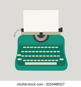 Green typewriter with a sheet of paper isolated on a gray background. Vector illustration.
