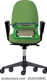 Green typewriter standing on a green office chair, suggesting working with old technology