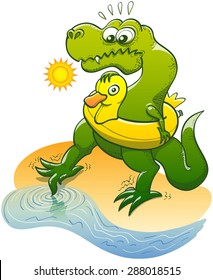 Green Tyrannosaurus Rex wearing an inflatable yellow ring shaped like a duck, shyly dipping the tip of its toe in the water to taste its temperature while feeling fearfully timorous in a sunny day