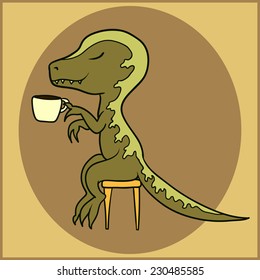 Green tyranosaurus sitting on the stool with a cup of coffee