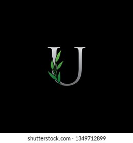 Green U Floral Logo Icon. Green Floral Logo With Initial U Letter.