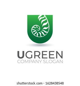 Green u letter logo with fern leaf illustration.