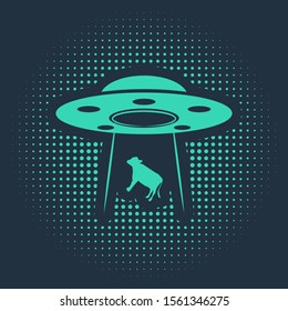 Green UFO abducts cow icon isolated on blue background. Flying saucer. Alien space ship. Futuristic unknown flying object. Abstract circle random dots. Vector Illustration