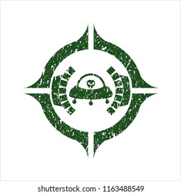 Green ufo with aline inside icon inside distress grunge stamp