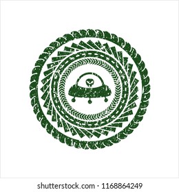 Green ufo with aline inside icon inside distressed rubber stamp