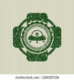 Green ufo with aline inside icon inside distressed grunge seal
