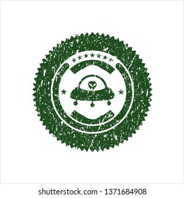 Green ufo with aline inside icon inside distress grunge stamp