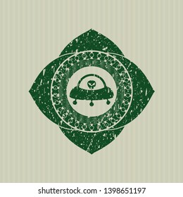 Green ufo with aline inside icon inside distress grunge style stamp