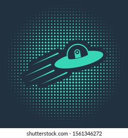 Green UFO flying spaceship and alien icon isolated on blue background. Flying saucer. Alien space ship. Futuristic unknown flying object. Abstract circle random dots. Vector Illustration