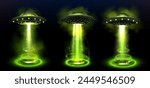 Green ufo spaceship with beam 3d effect vector. Space alien saucer ship technology and fantasy ray glow for energy glitter portal podium. Magic hologram with neon spotlight for future invasion