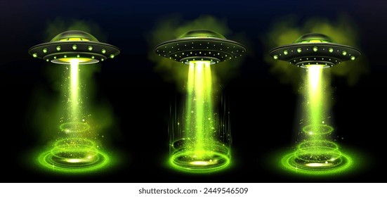 Green ufo spaceship with beam 3d effect vector. Space alien saucer ship technology and fantasy ray glow for energy glitter portal podium. Magic hologram with neon spotlight for future invasion