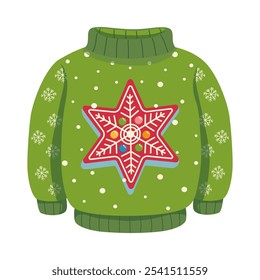 Suéter feo verde de la Navidad con la estrella roja y el diseño del copo de nieve. Suéter de invierno de vacaciones de dibujos animados con patrón de punto. Ropa de invierno para el año Nuevo y la celebración de Navidad.