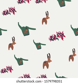 Green ugly sweater with funny reindeer and poinsettia seamless pattern. Festive knitted jumper endless design. Holiday decor knitted woolen clothes. Colorful vector illustration in flat cartoon style.