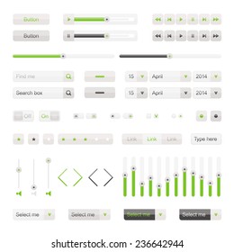 Green UI elements vector. Button, selector, ckeckbox, searchfield, slider etc. Set of website interface buttons.