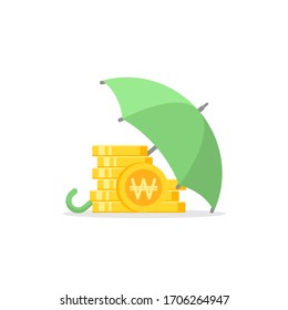 Green umbrella with gold won coins stack under it. Vector flat icon isolated on white. Income safe. Money protection concept. Investments, safety business.  