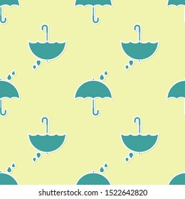 Green Umbrella and rain drops icon isolated seamless pattern on yellow background. Waterproof icon. Protection, safety, security concept. Water resistant symbol.  Vector Illustration