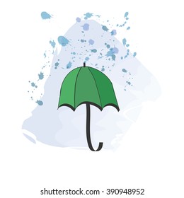 Green umbrella and rain.Vector illustration of a rainy weather on a white background.